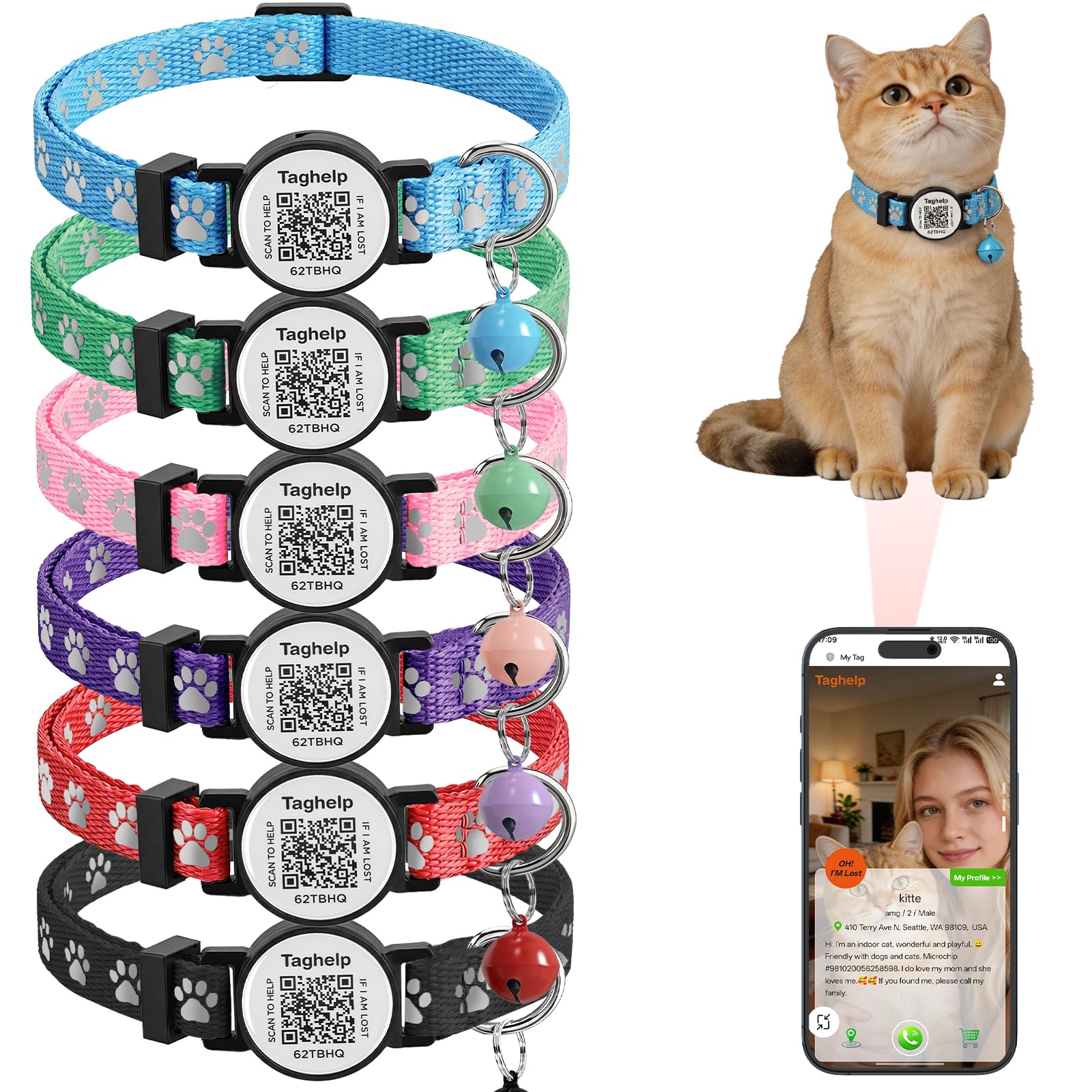 Paquete de 6 collares para gatos con hebilla de seguridad separable y etiqueta de identificación inteligente con código QR, collares de gatito ultra suaves y ajustables para gatos, bonito diseño de