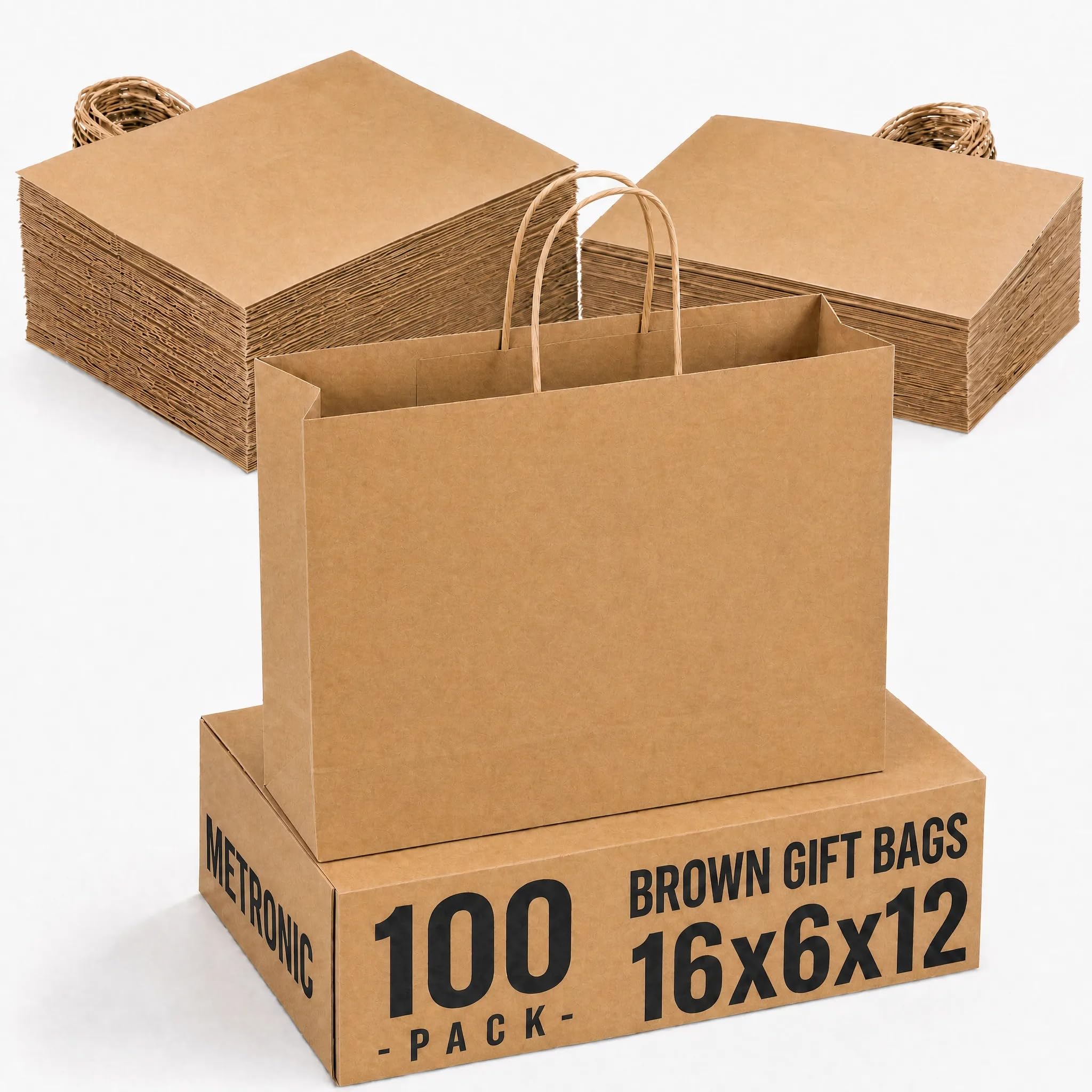 Photo 1 of **FACTORY SEALED**  METRONIC Brown Paper Bags with Handles 16x6x12 100pc, Large Kraft Gift Bags Bulk, Recyclable for Grocery Shopping & Retail Store,Party Favor Merchandise Holiday Birthday Business