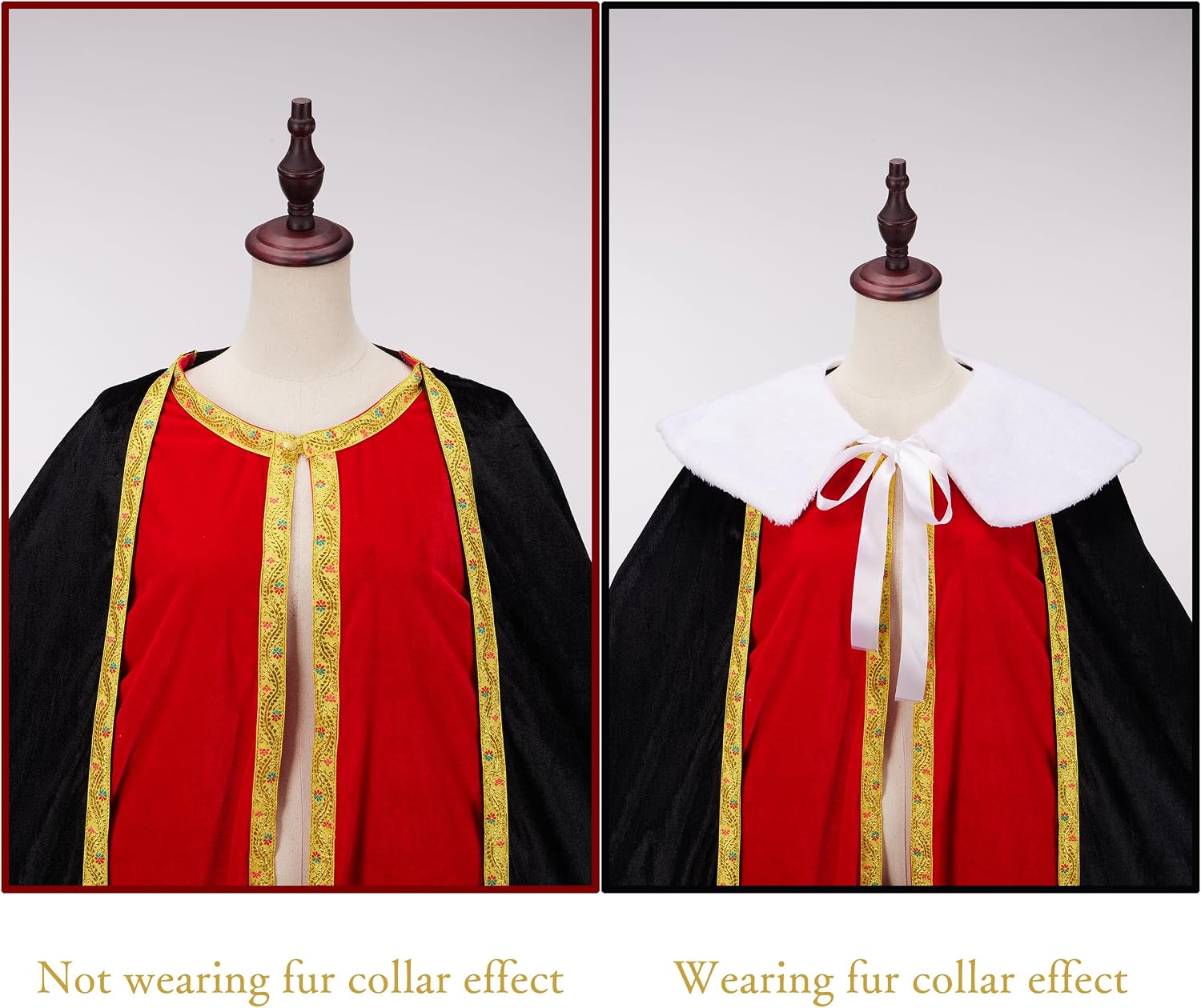 King Cape for Man, Queen for Women - Adult Medieval With White Fur Collar Gold Border, Black Red Fake Two Pieces