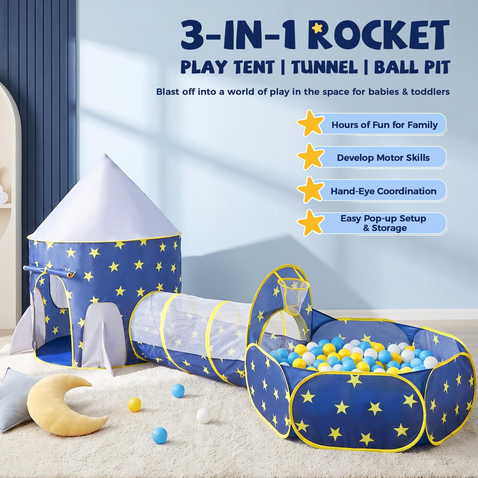 SISTICKER Tenda da gioco per bambini con tunnel: tenda a tunnel pop-up 3 in 1 con vasca per palloni per bambini, custodia inclusa (senza palline)