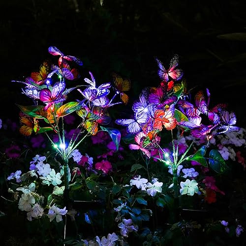 Miniatura 7 de Luces solares de jardín para exteriores, impermeables, decorativas, paquete de 4 con 88 LED, 68 luces solares de mariposa para decoración de jardín,