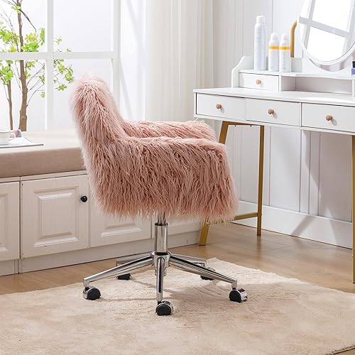 Miniatura 8 de HomVent Silla de oficina moderna de piel sintética rosa, silla de tocador tapizada de piel sintética, silla de escritorio peluda con ruedas y base