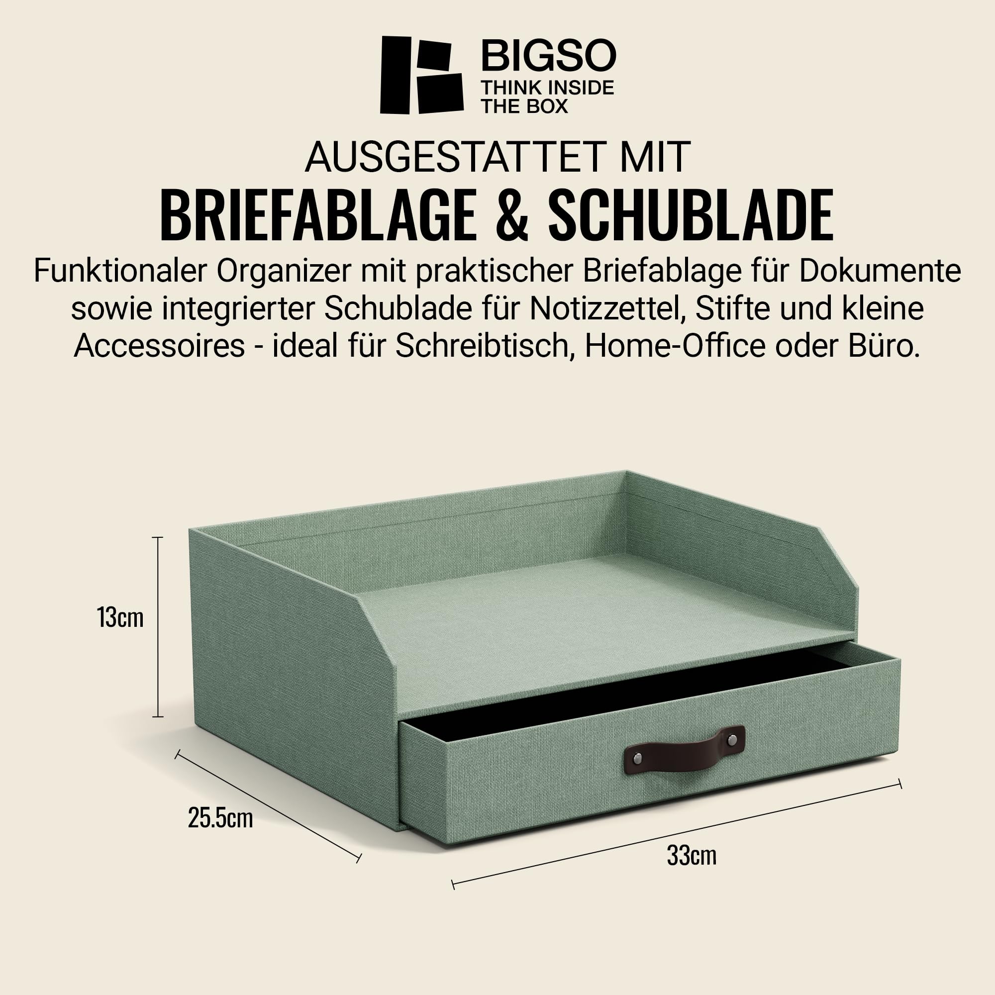 BIGSO Walter Briefablage mit integrierter Schublade – praktische Ablagefläche für Briefe, Dokumente usw. – Ordnungssystem aus Faserplatte mit Papier in Leinenoptik – mintgrün