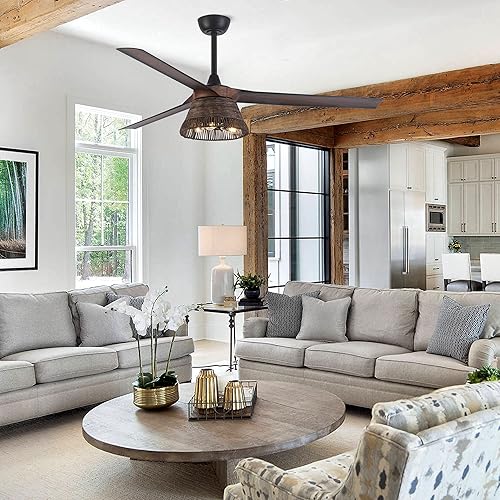 Miniatura 2 de Parrot Uncle Ventiladores de techo con luces y control remoto, ventilador de techo negro de 60 pulgadas con luz, ventiladores de techo grandes para