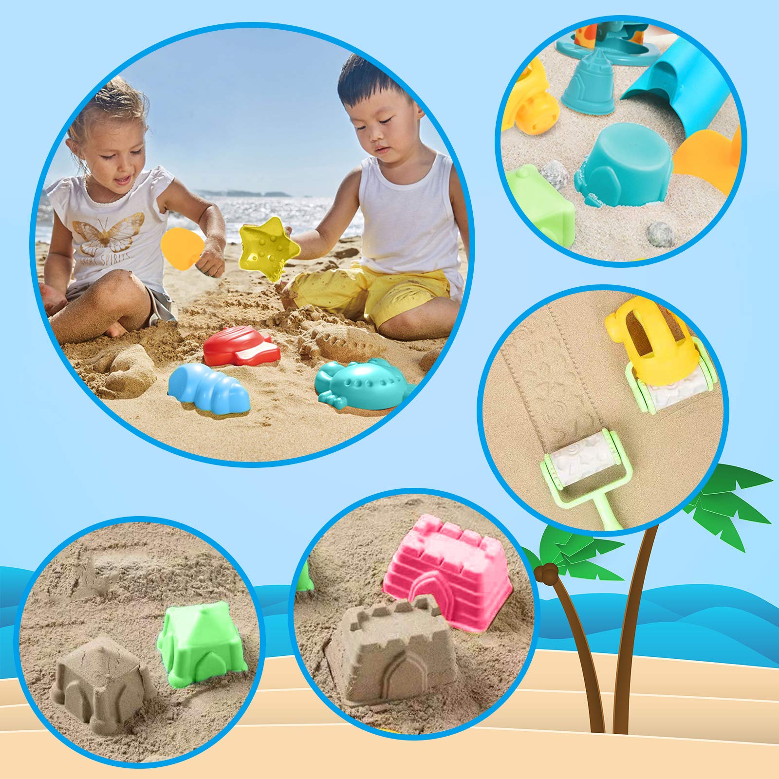 GOLDGE Sandspielzeug Set, 29Pcs Bunte Strandspielzeug Sandspielzeug Set mit Auto Eimer Schlossformen Netztasche Wasserspielzeug für Jungen Mädchen