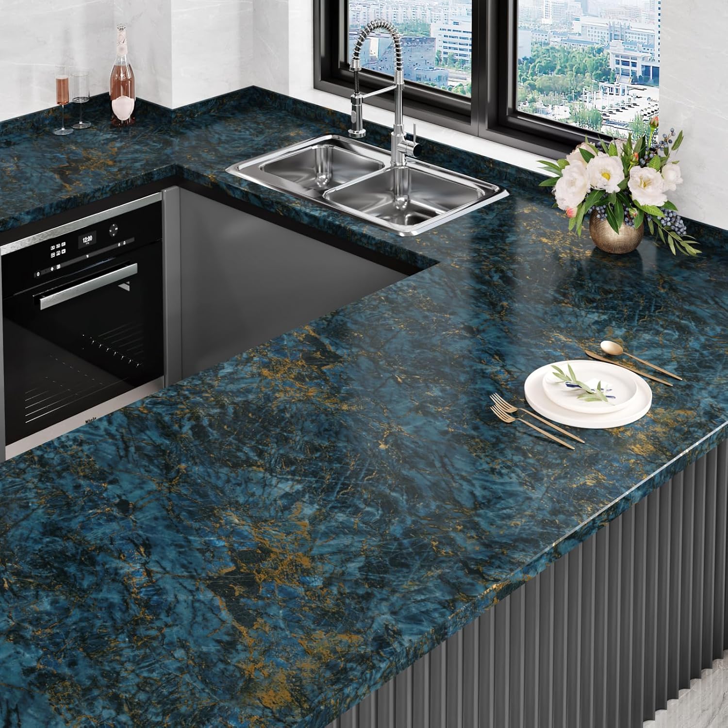 Dark Blue Marble Contact Paper Waterproof Matte Cracked Blue Marble Wallpaper Peel and Stick Kitchen Countertops Removable Thick Granite Vinyl Wrap for Tables Cabinets Shelf Liner 17.7"x120"