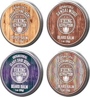 Viking Revolution Beard Balm Variety Pack (4x1oz) - Sandalwood, Pine & Cedar, Bay Rum, Clary Sage - Natural Taming Wax Styles Softens Strengthens Beards for Men