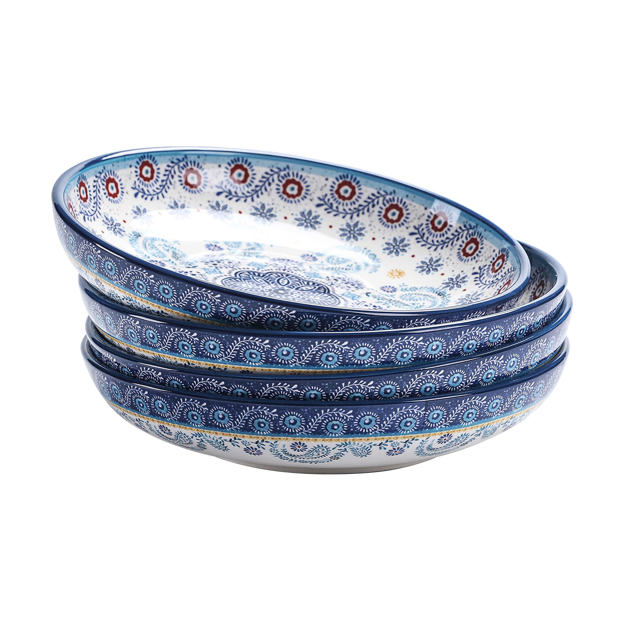 Bico Blue Talavera Pasta Bowls, 35oz Salad Bowl Set of 4, Large Ceramic Serving Dinner Bowls for Soup and Cereal, Microwave and Dishwasher Safe, Gift for Housewarming and Thanksgiving
