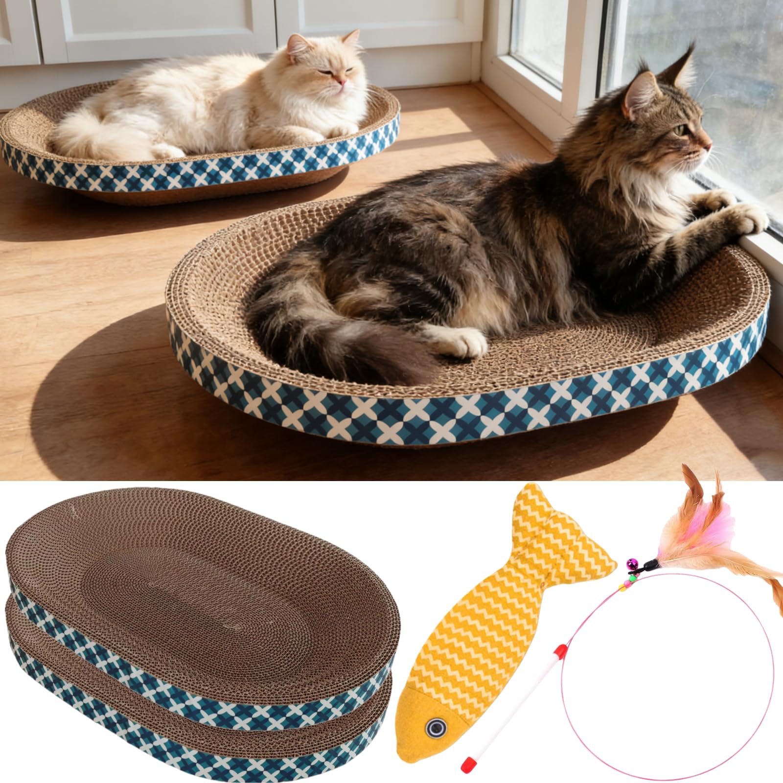 Spindro 2er-Pack Katzenkratzbrett aus Wellpappe, Großes ovales Katzenbett Kratzpad Liege Couch-Schutz Schüsselförmiger Kratzbaum-Ersatz Nest für Katzen Krallenpflege Möbelschutz