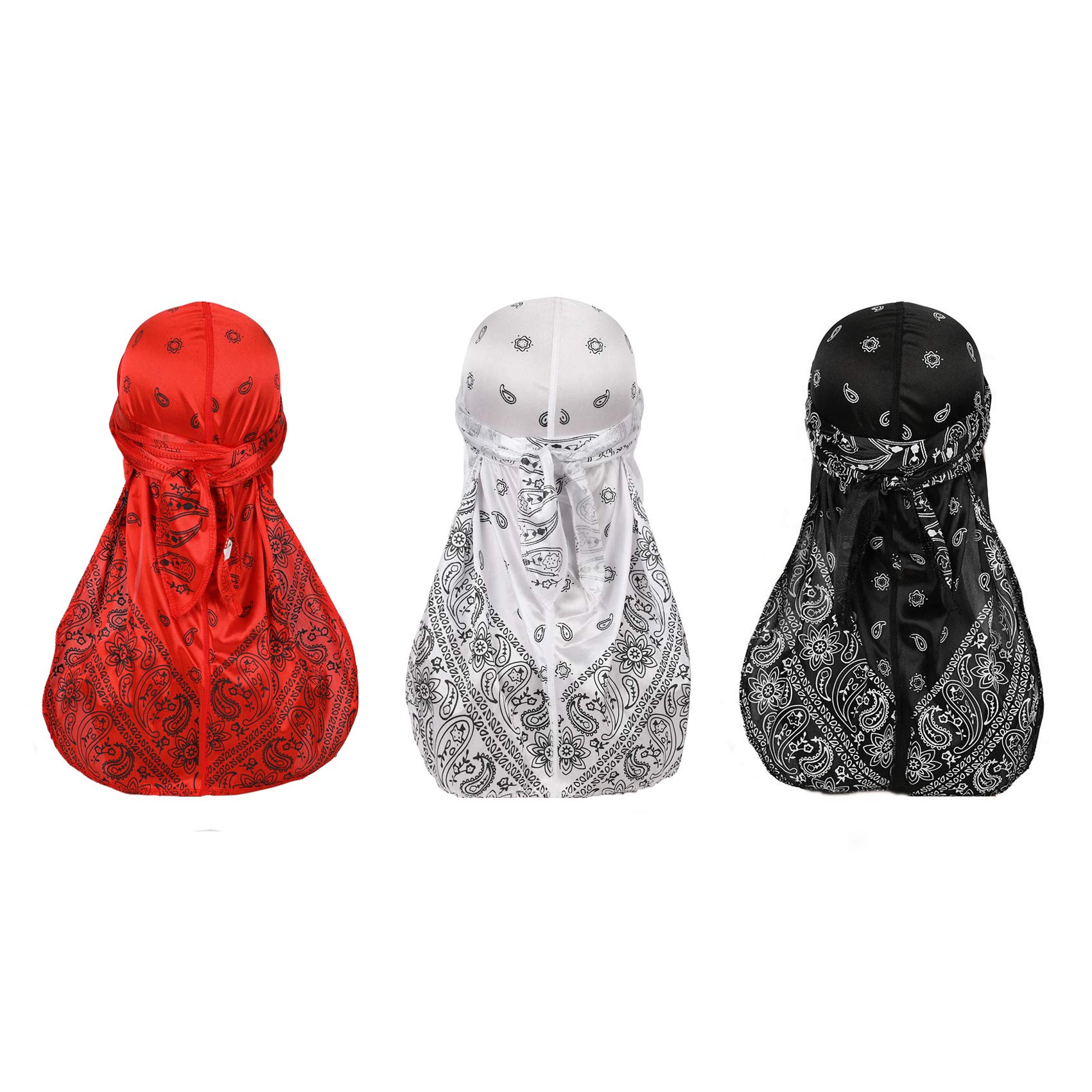 Deepth 3PCS Paisley Silky Durags Pack for Men Satin Doo Rag Black White Red