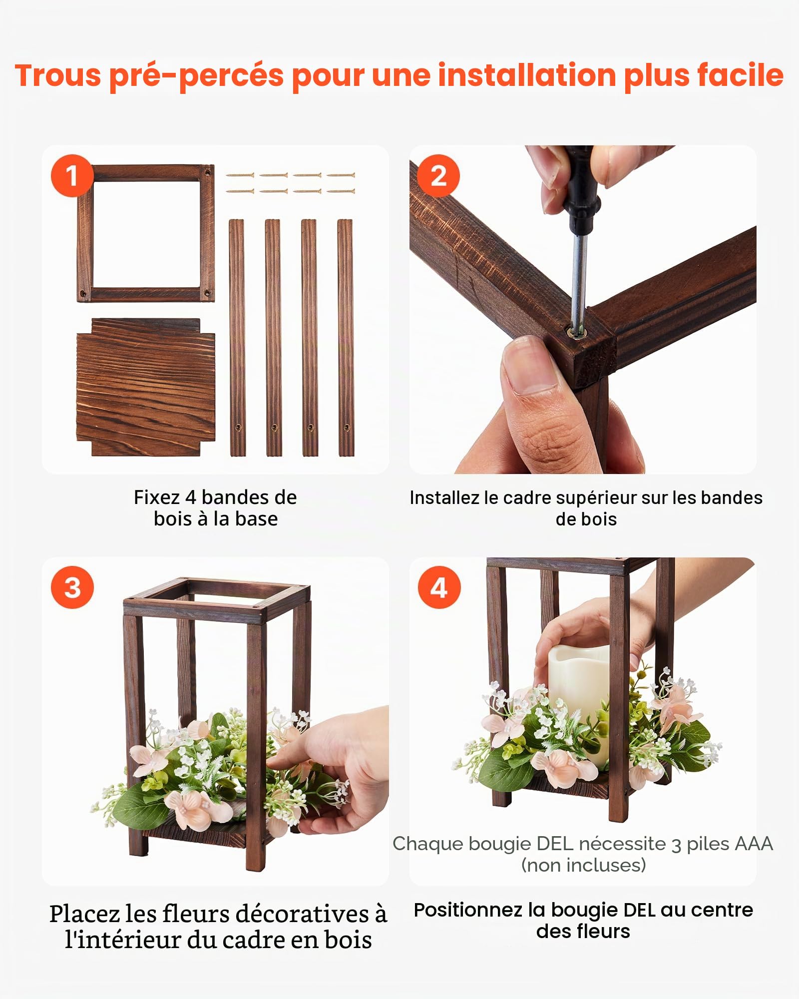 VEVOR Lanterne de Mariage en Bois, Lot de 10, Lanterne Décorative avec Bougies LED sans Flamme, Couronnes de Fleurs Artificielles, pour Centre de Table de Mariage, Fête, Décoration Intérieur, Marron