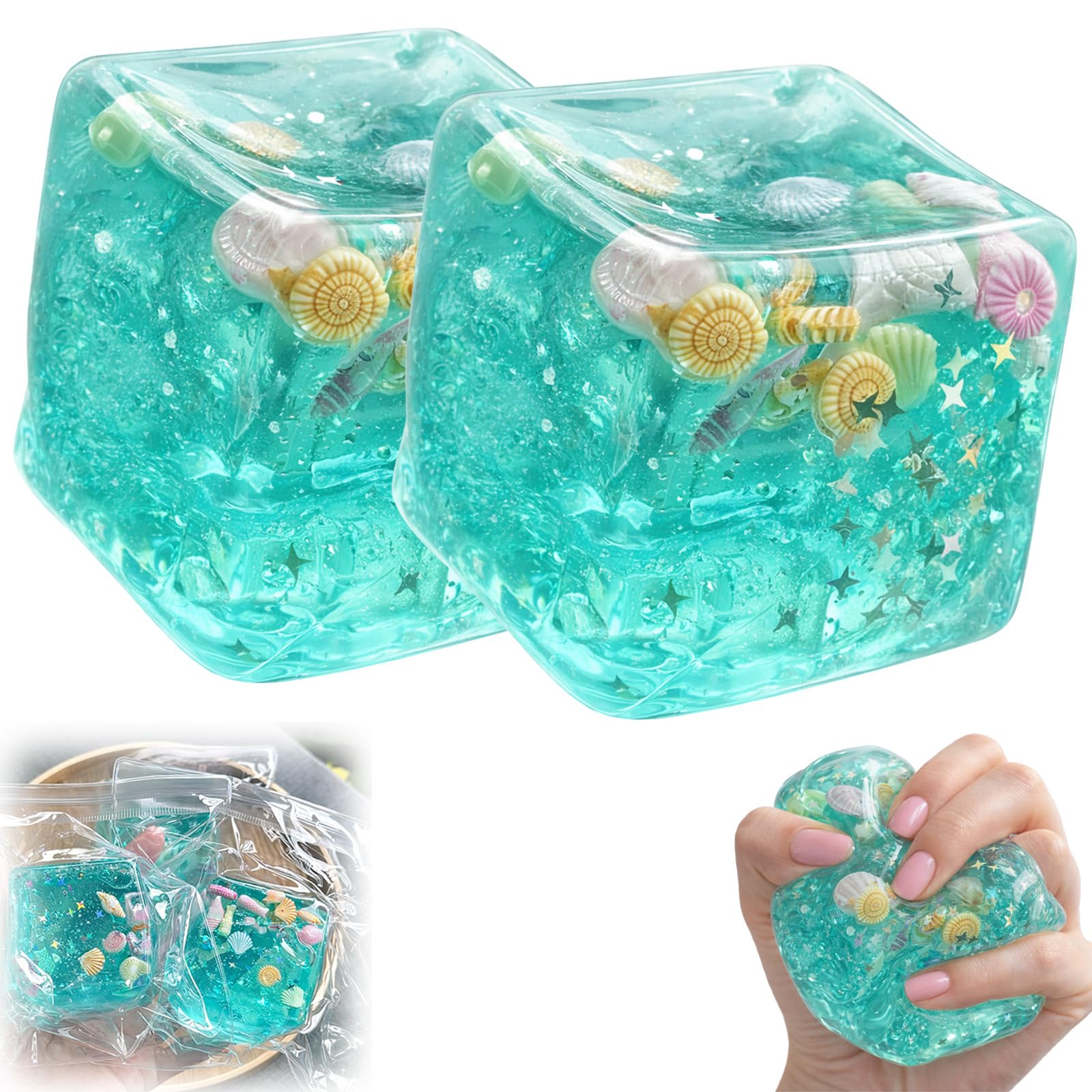 Ice Cube Stress Ball with Seashells, Squishy Gel Filled Sensory Fidget Toy, Soft Slow Rise Squeeze Ball for Stress Relief (2Pcs)