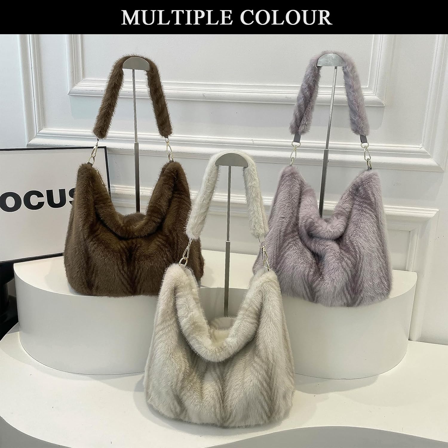 Fluffy Tote Bag Winter Fuzzy Purses for Women Faux Fur Purse Soft Furry Handbag Plush Crossbody Bags - Image 7