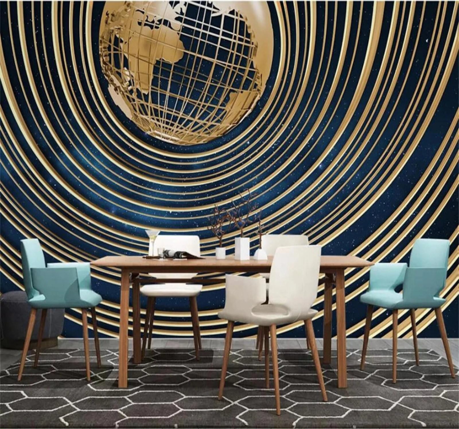 Xlming 400Cm×280Cm(B×H) Three Dimensional Starry Sky Earth Gold Lines 3D Wallpaper Luxury Silk Study Dining Feature Sofa Grey Bedroom Living Room Tv Decorative Wall-400Cm×280Cm