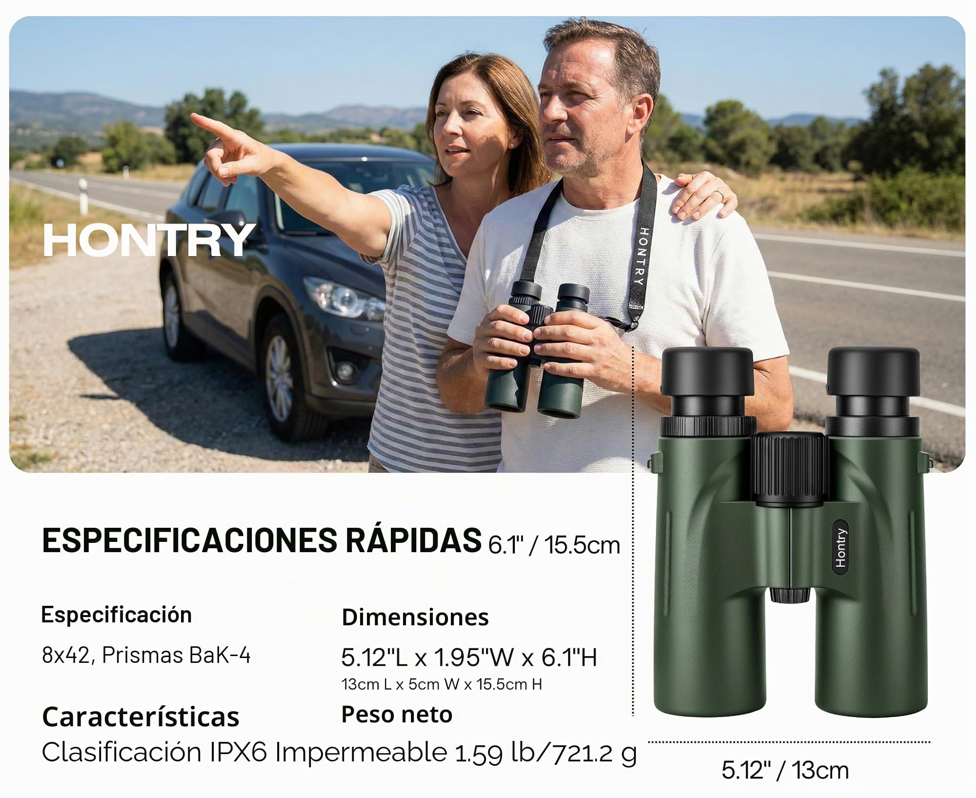 Hontry 8x42 Prismaticos Profesionales Largo Alcance para Adultos (Verde) | Impermeable para Observación de Aves, Camping, Senderismo, Viajes, Safari, Conciertos, Teatro, Deportes y Crucero
