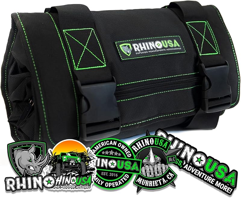 Rhino USA Tool Bag Roll - Heavy Duty Canvas Organizer for Tools | Labeled & Removable Pouches for Ultimate Travel Tool Storage. For UTV, Car, Truck, 4x4 Offroad & Garage Use. Black