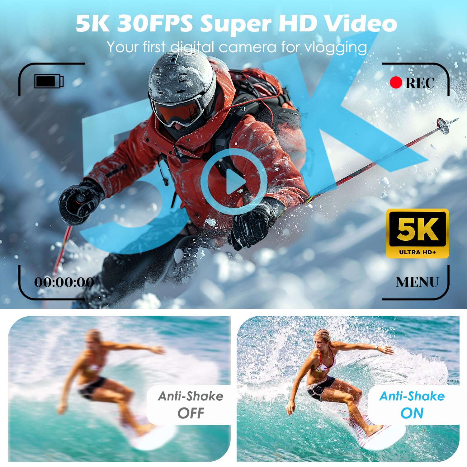 Appareil Photo Numérique UHD 5K 75MP avec Carte Micro SD 64 Go, Écran Rotatif 180° 2,83'', Zoom 18X, Anti-Shake, Compact (Rose)