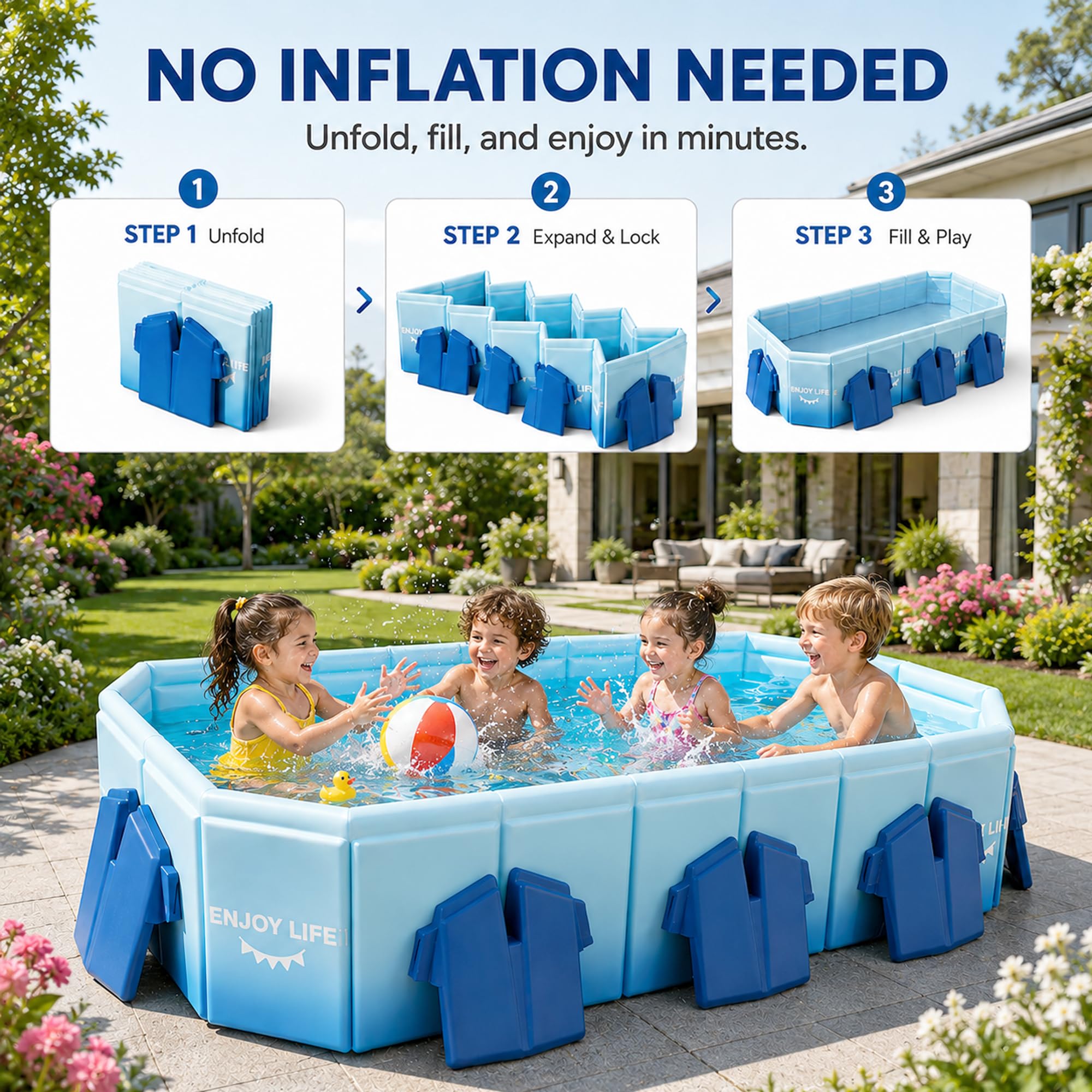 Nicht Aufblasbarer Faltbarer Pool, 5-Schichtiger Verstärkter Familienpool | PVC Faltbare Pools, 60° Halterungen & Doppelablauf, Garten Terrasse Camping Hundebad(C,1.5m/4.9ft)