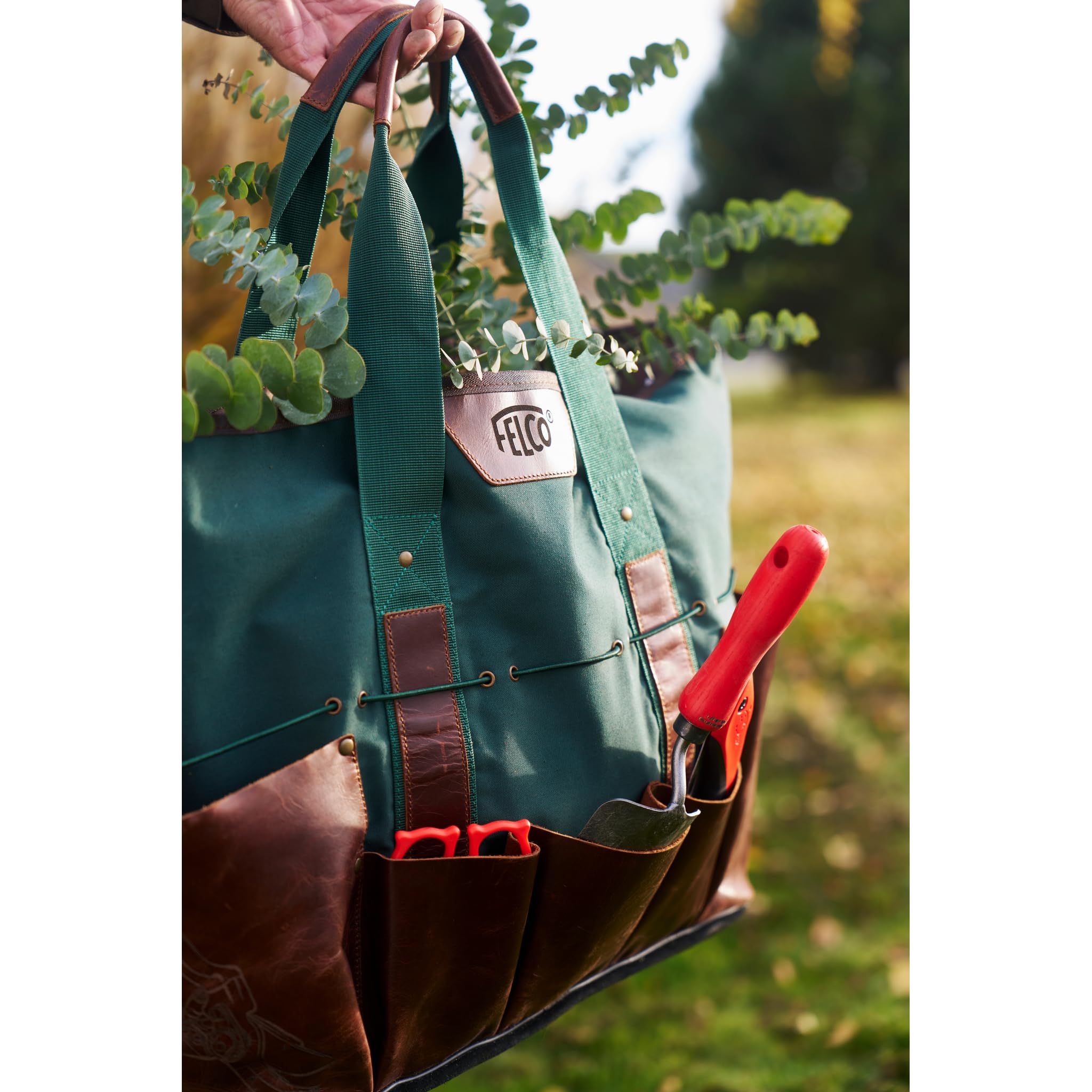 FELCO 481 Borsa Multiuso da Giardino, Tela Idrorepellente, Tasche in Pelle di Bufalo Cerata, Fondo in Pelle Nera, Cinghie Elastiche Dori, 500mm, Design Lifestyle e Pratico