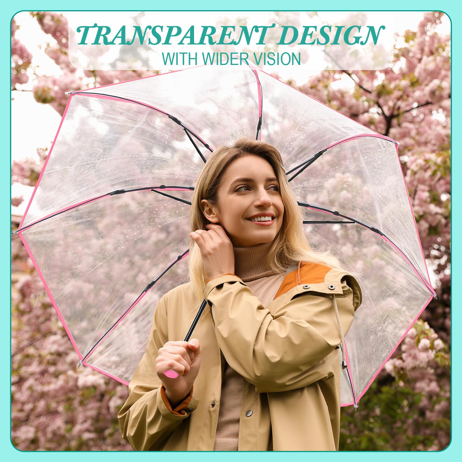 Sanwuta 12 Pack Transparent Folding Umbrella Full Automatic Clear Foldable Umbrella 8 Ribs Tri-Fold Auto Open Close Umbrellas for Rain Travel Wedding(Pink)