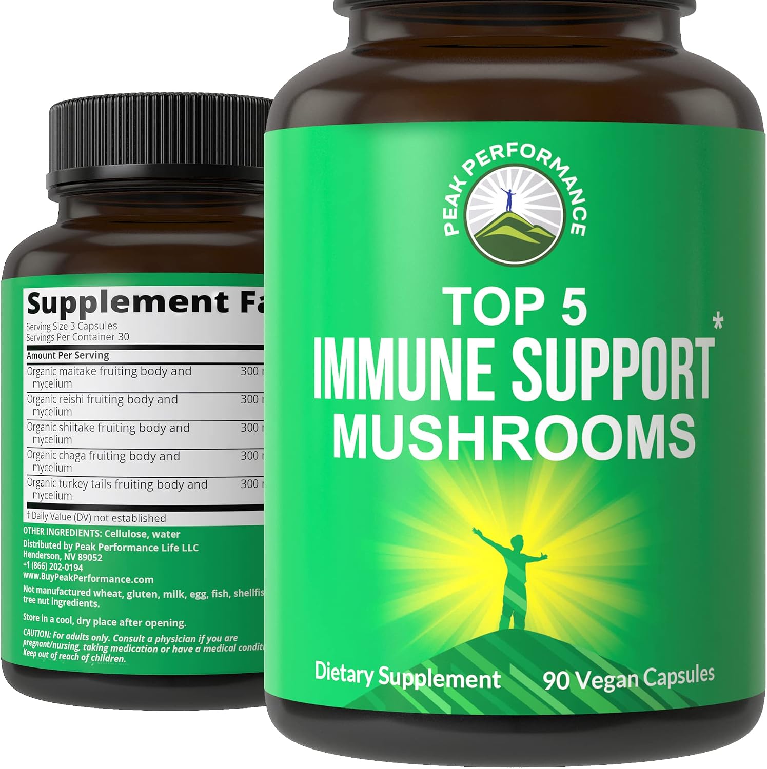 Peak Performance Top 5 Immune System Mushroom Capsules - USA Grown Made with Reishi, Chaga, Maitake, Shiitake, Turkey Tail Mushrooms. Naturally Harvested Vegan Mushroom Complex Supplement 90 Pills