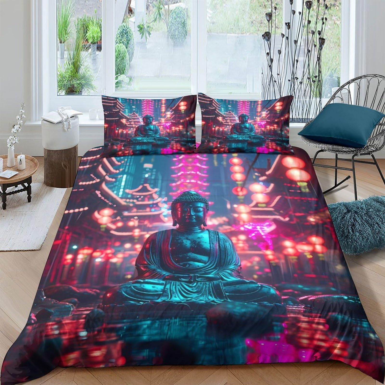 Ctjqhvkz Style-9 3D Printed Neon Buddha Fitted Sheet Microfiber Soft Breathable Urban Temple Mattress Cover Bedroom Dorm Decor Single（135X200cm）