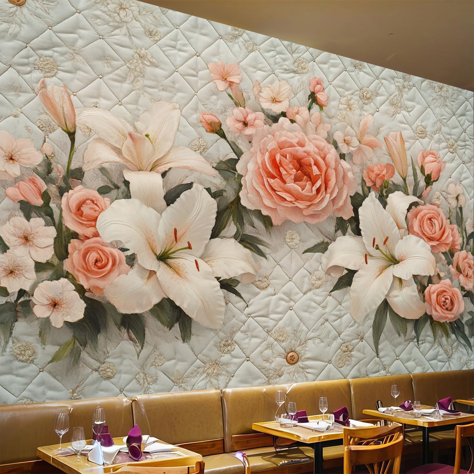 Tapisserie murale fleurs et lys rose décor haut de gamme moderne 300 x 210 cm