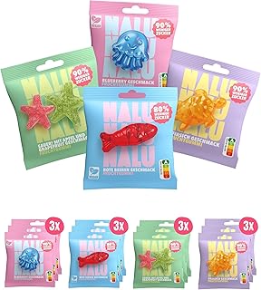 NALU Fruchtgummis Probierpaket (12x50g) | bis 90% weniger Zucker als herkömmliche Fruchtgummi | Low Carb Gummibärchen ohne Zucker Zusatz | frei von künstlichen Aromen | kalorienarme Low Calorie