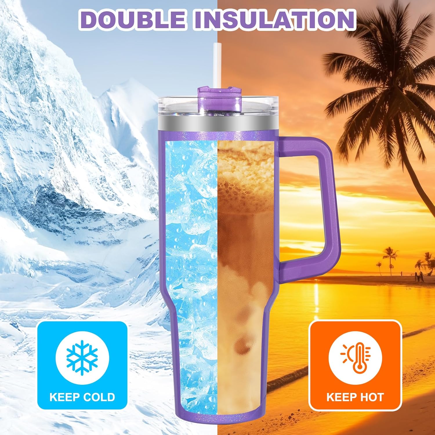 40 oz Tumbler with Handle and Flip Straw Lid, Vacuum Insulated Leak Proof Double Walled Stainless Steel Glitter Travel Mug Tumblers, Maintains Cold Ice and Heat for Hours(Purple) - Image 4