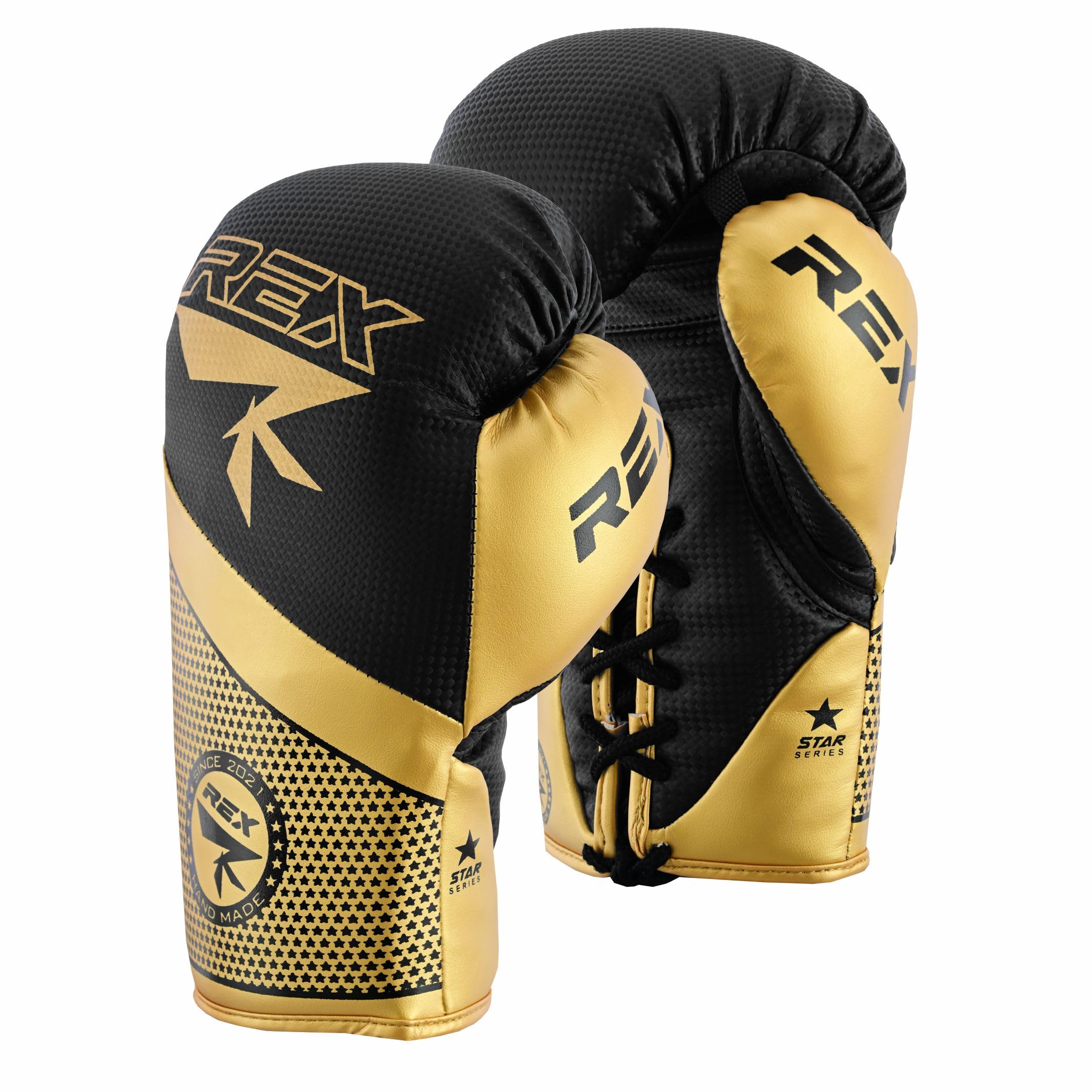 REX Lace up Boxing Gloves, Pro Training Sparring, Maya Hide Leather, Muay Thai MMA Kickboxing, Men Women Adult, Heavy Punching Bag Focus Mitts Pads Workout, Ventilated Palm, (GOLD/BLACK, 10 oz)