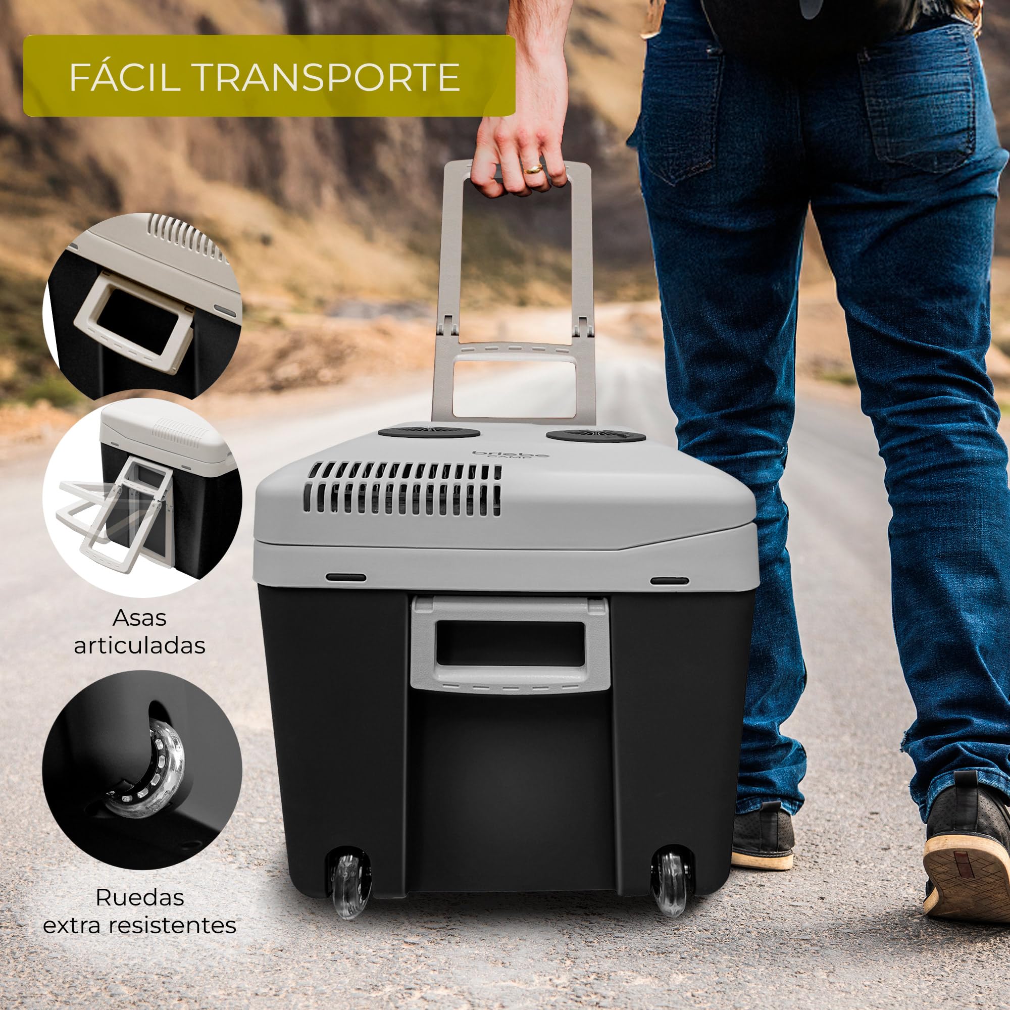 briebe Nevera Portátil Eléctrica de Viaje para Coche, Camping, 12V / 220V, Capacidad 40 L, Ruedas, Refrigera, Mantiene el Calor, Modo Bajo Consumo
