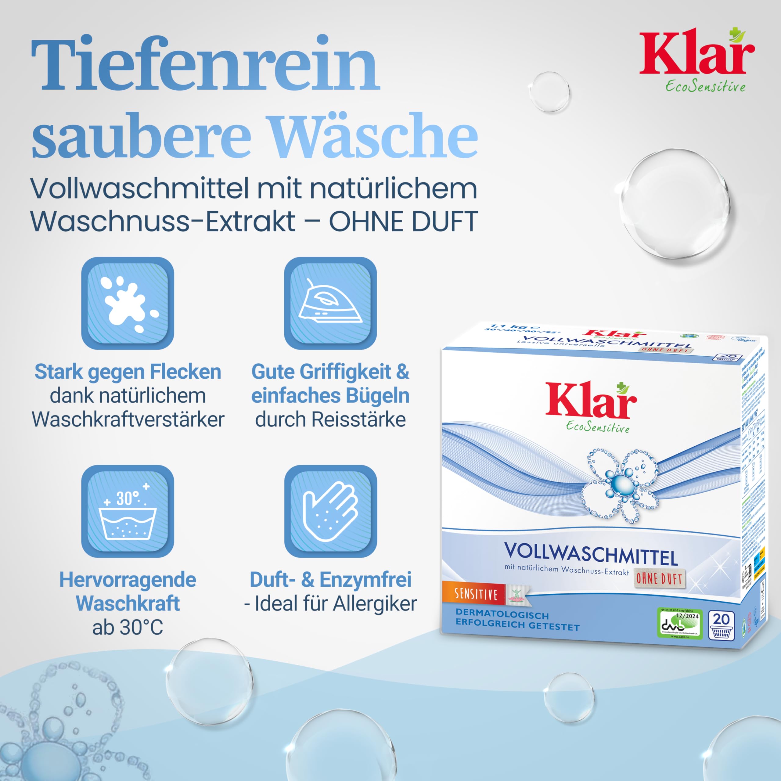 Klar Vollwaschmittel Pulver Sensitive 6x1,1kg - 120 Ladungen - Allergiker Waschpulver ohne Duft - Bio Waschmittel Pulver mit natürlichem Waschnuss Extrakt - VEGAN & Enzymfrei
