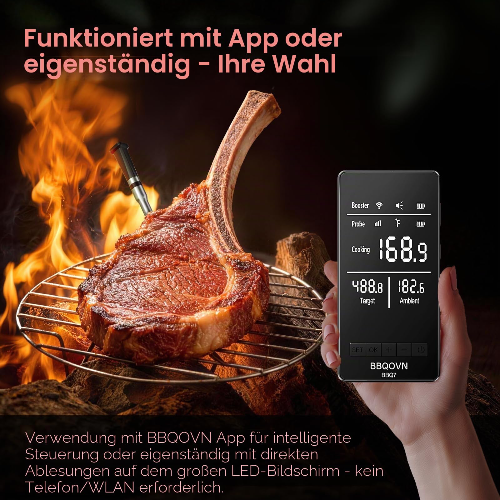 BBQOVN WLAN Bluetooth Fleischthermometer mit Unbegrenzter Reichweite, 7 NIST-zertifizierte Sensoren & Umgebungstemperatur, Kabelloses Thermometer für BBQ, Smoker, Ofen, Grill, Heißluftfritteuse