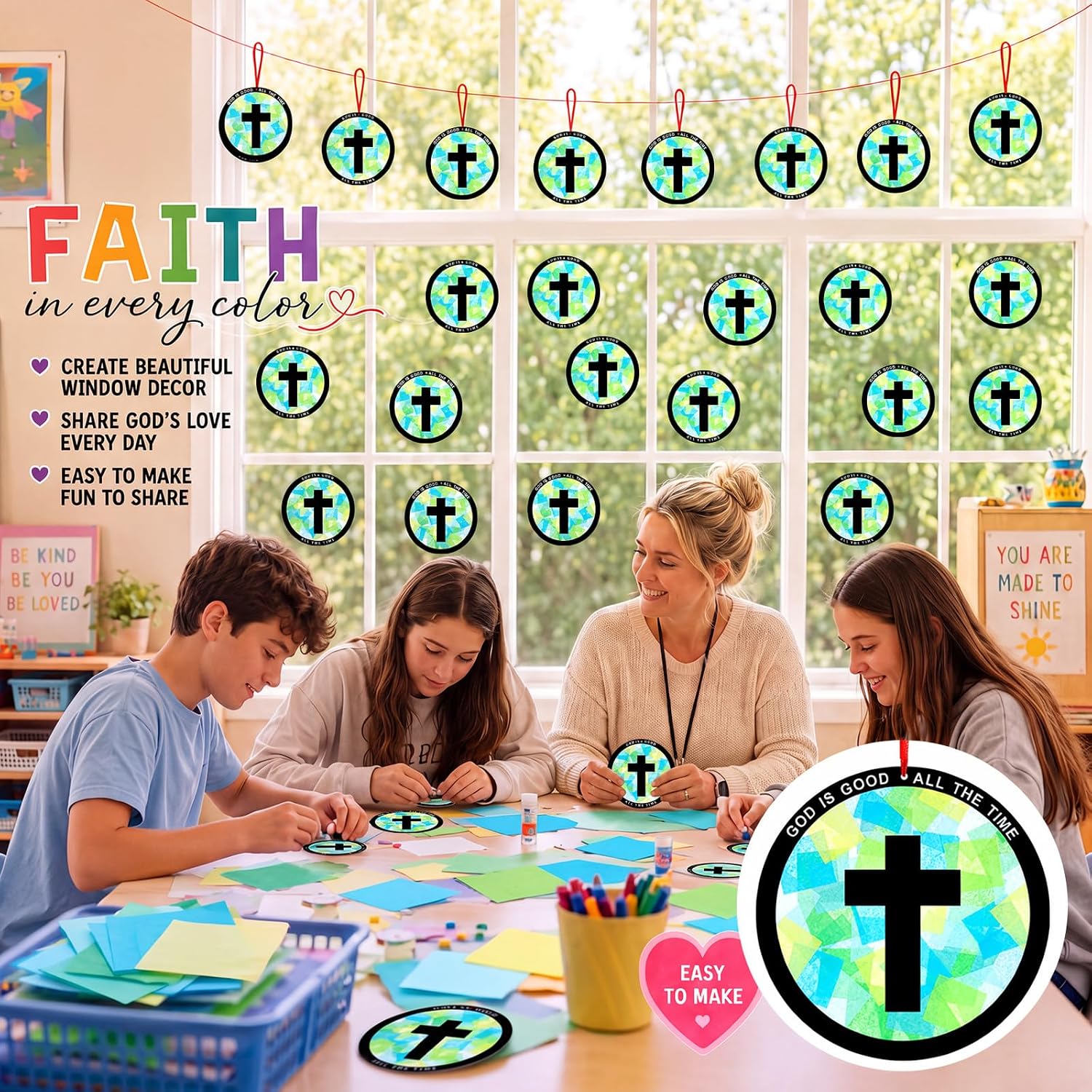 Motipuns 32 Sets Cross Suncatcher Craft Kit, 5.9 Inch VBS Tissue Paper