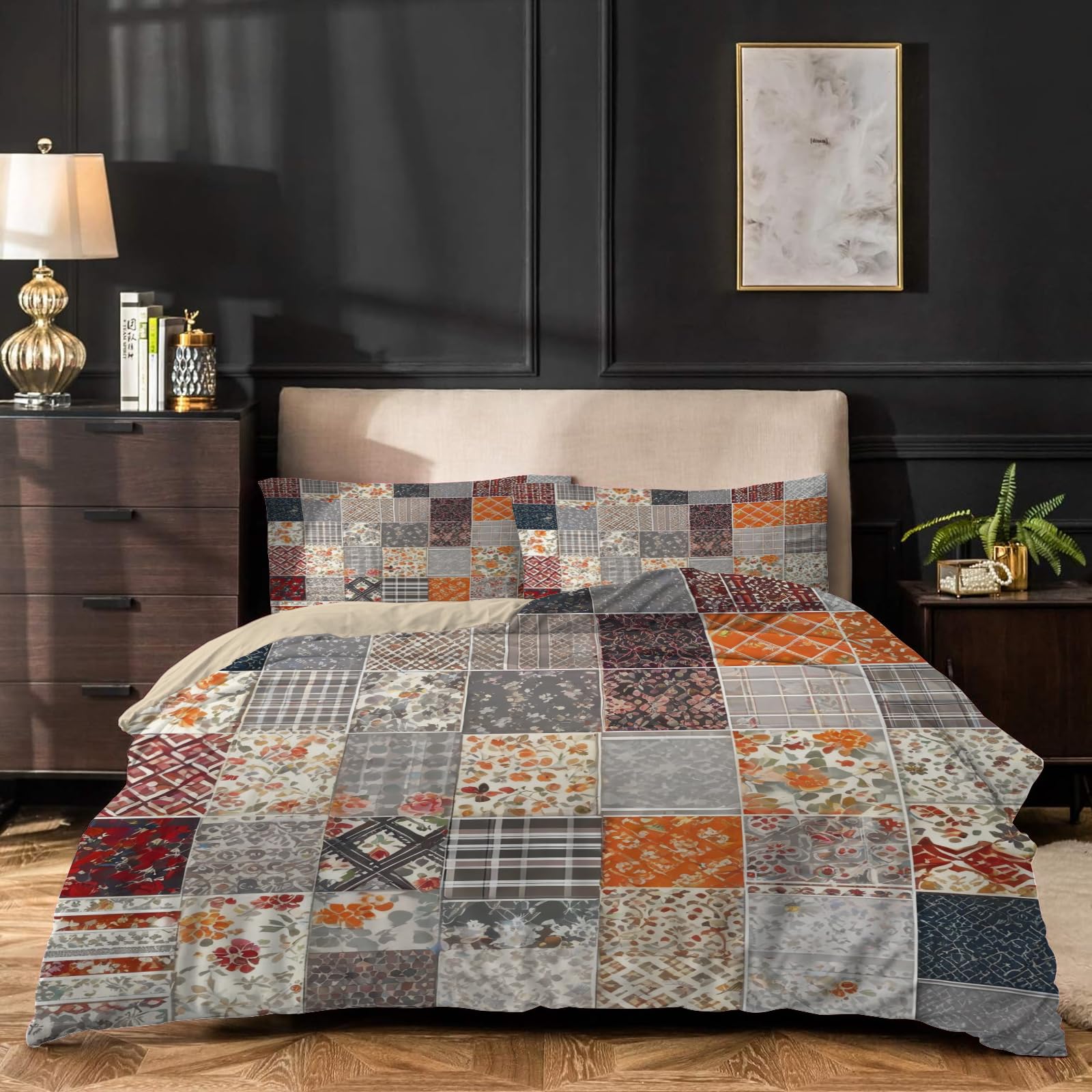 Dyausi Grey Duvet Cover Double Patchwork Flowers Printed Reversible Stylish Bedding Double Bed Set For Man Woman Soft Microfiber Quilt Cover Double Bedding 200X200cm + 2 Pillowcases 50X75cm