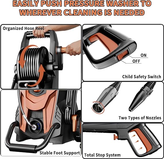 Foting High Pressure Washer 180bar, 450 l/h Jet Washer with Hose Reel, Foam Cannon & Adjustable 6-in-1 Nozzles, Area Coverage: 50㎡/h, Electric Power Washer for Fences, Cars, Patios and Driveway