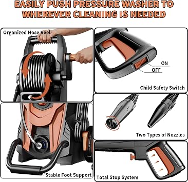 Foting High Pressure Washer 180bar, 450 l/h Jet Washer with Hose Reel, Foam Cannon & Adjustable 6-in-1 Nozzles, Area Coverage: 50㎡/h, Electric Power Washer for Fences, Cars, Patios and Driveway