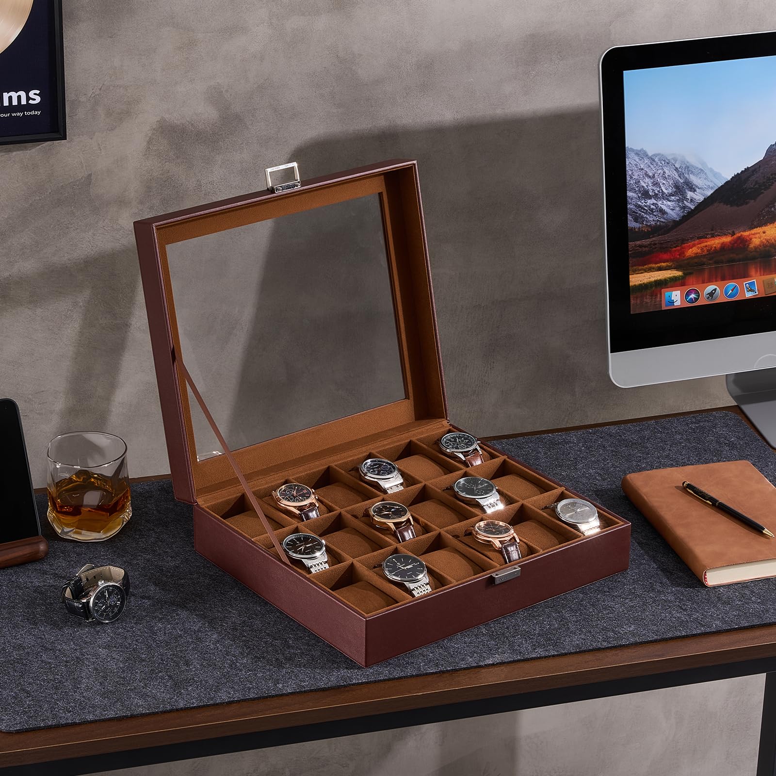 ProCase 18 slotów pudełko na zegarek dla mężczyzn, etui na zegarek organizer - Espresso