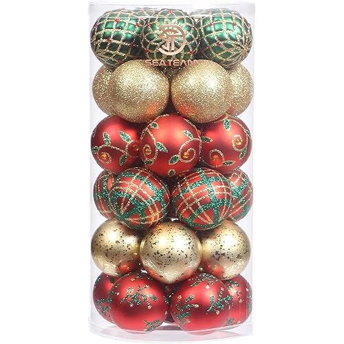 Sea Team 60mm/2.36" Delicate Contrast Color Theme Painting & Glittering Christmas Tree Pendants Decorative Hanging Christmas Baubles Balls Ornaments Set - 30 Pieces (Gold, Red & Green)