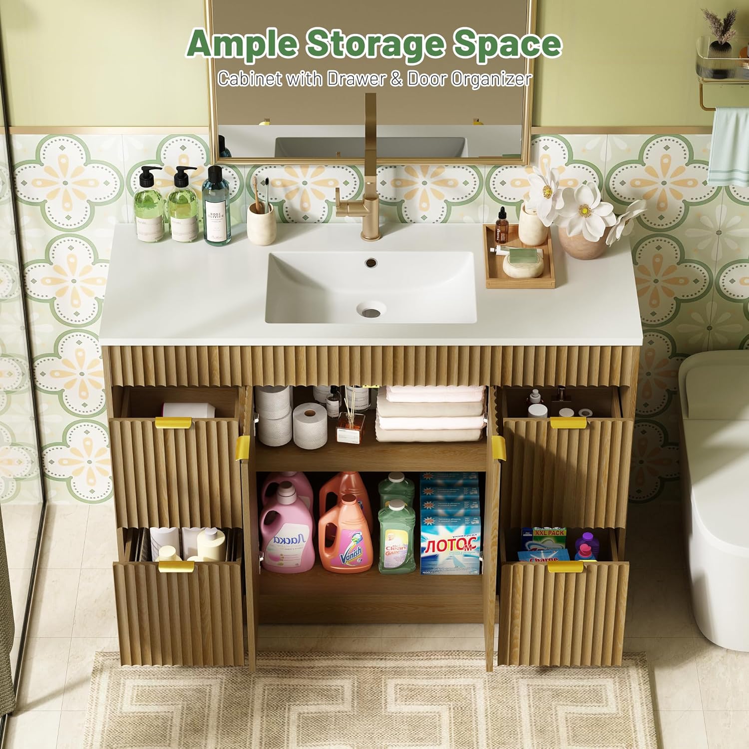 CARPETNAL 48 Inch Bathroom Vanity with Sink, Modern Fluted Bathroom Vanity with Sink with Storage Cabinet, Adjustable Shelf and 2 Soft Closing Doors & 4 Drawers, Natural Oak