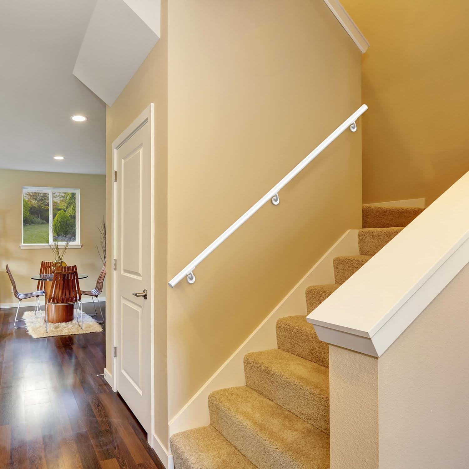 meranti aluminum handrail for indoor or outdoor steps and stairs – hand rails for elderly – diy complete stair railing kit (ahr, glossy white, 9' length) 9' length white