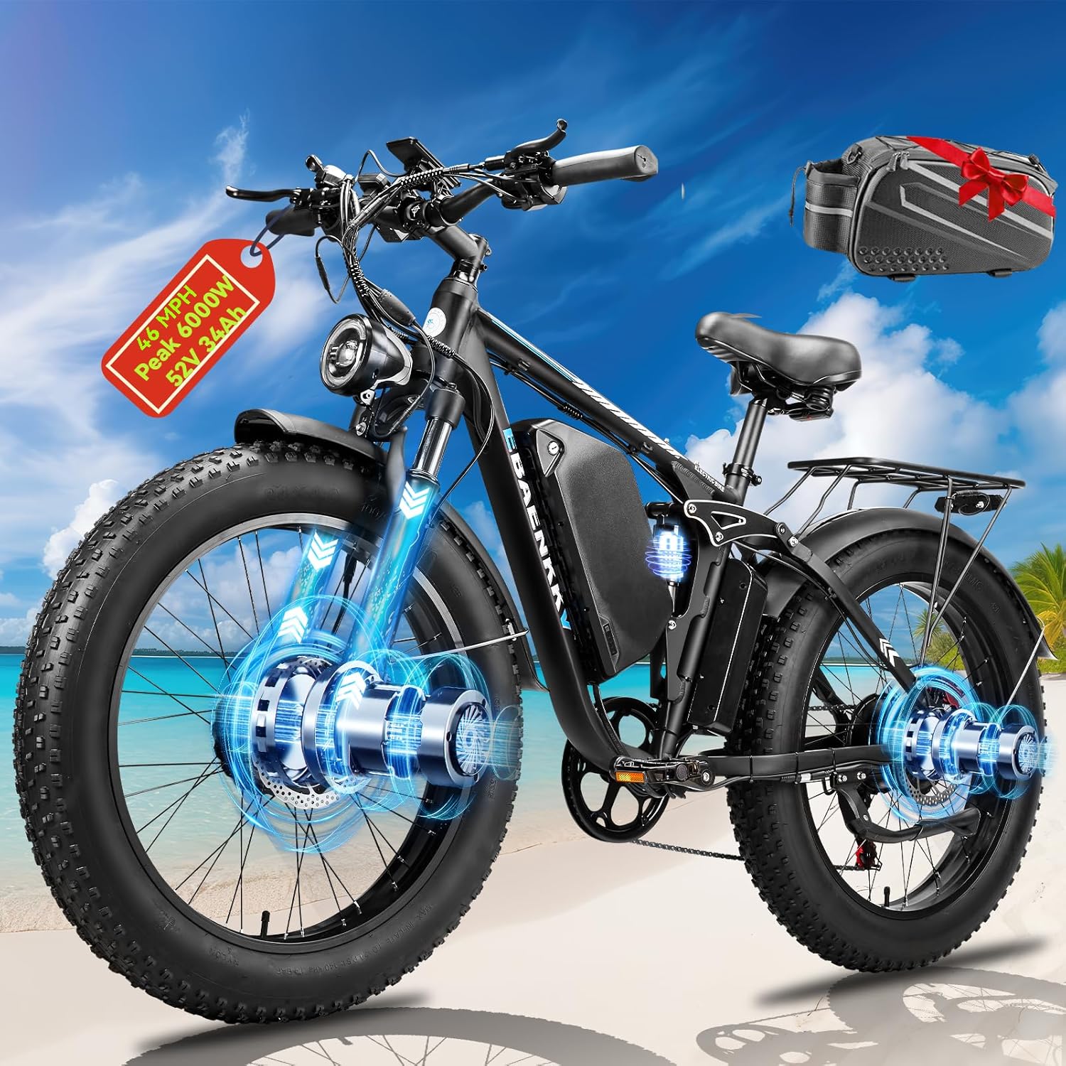 6000W Dual Motor Ebike for Adults 46MPH Fast Electric Bike for Men Women,52V 34Ah(1768Wh) Up to 100Miles Ebikes,24" Fat Tire E-Bike,Full Suspension Electric Bicycle for Mountain Off-Road Commuter Snow