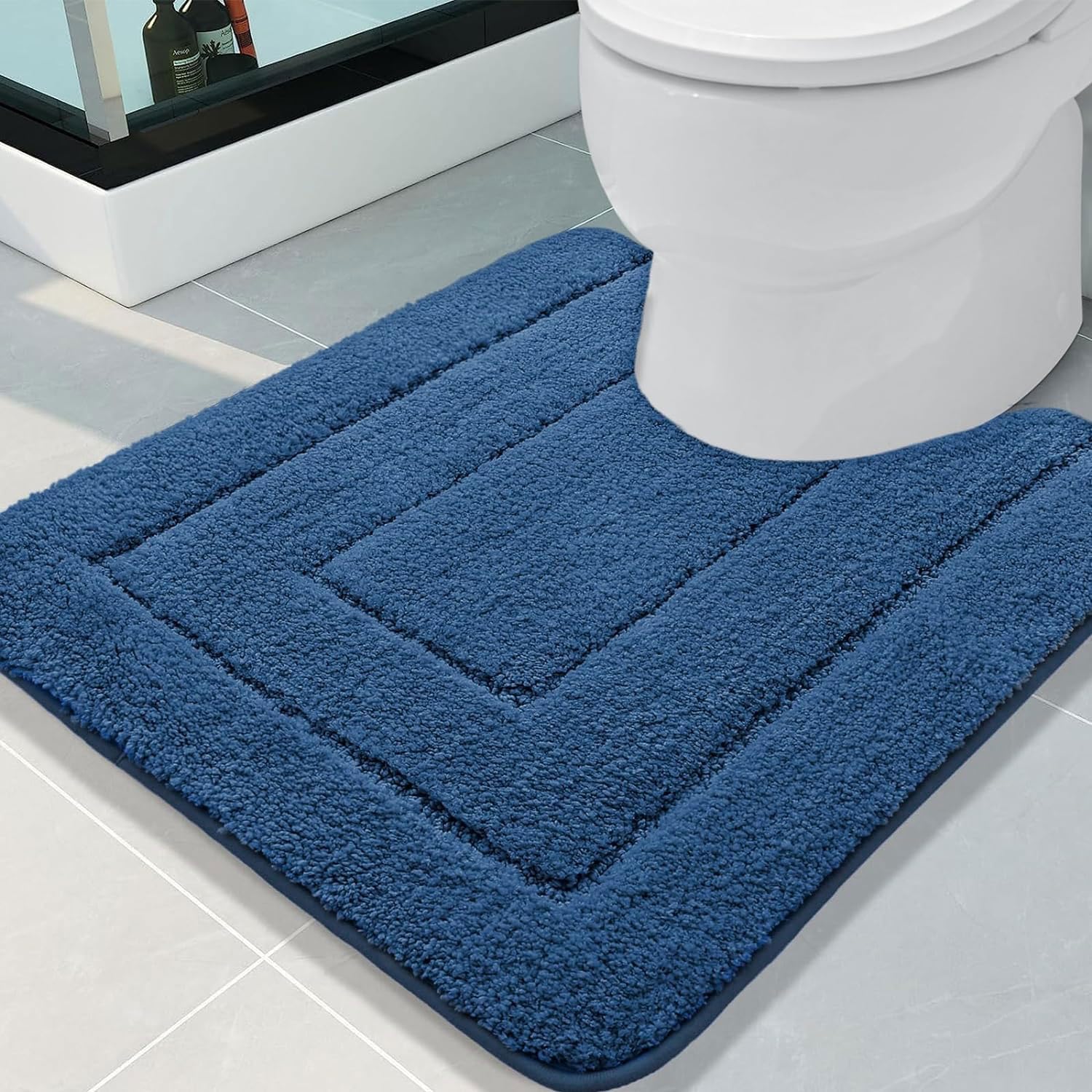 Buganda Microfiber Bathroom Rugs and Toilet Rugs U-Shaped, Bath Rug Size 24 x 16 and Toilet Rugs Size 24 x 20 in Navy, 2 Item Bundle