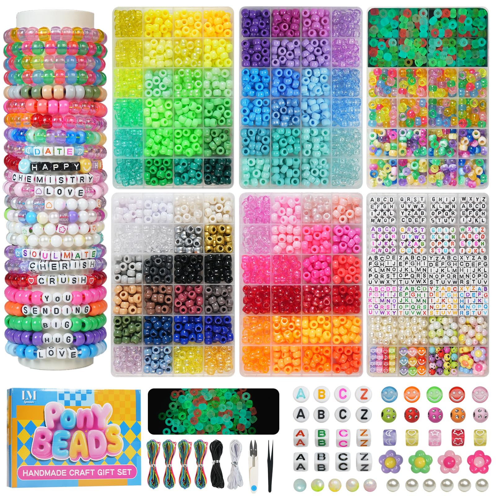 Lynnmos 6 Boxes Bracelet Making Kit Pony Beads, 4400Pcs 110 Colors Jewelry Making Supplies for Friendship Bracelets, DIY Crafts with Elastic Cords, Gifts for Girls