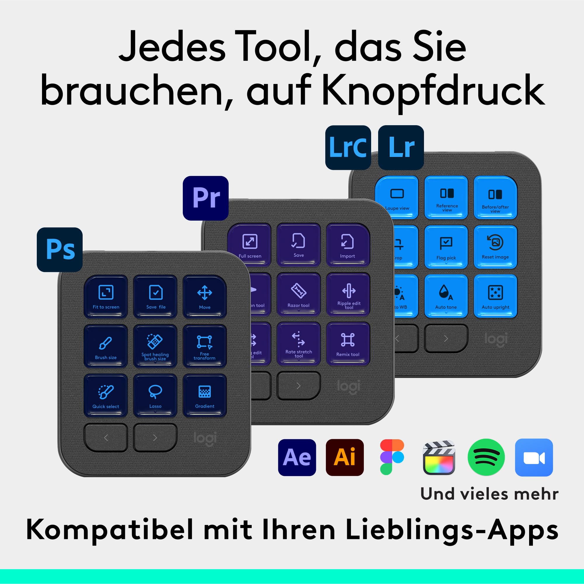 Logitech MX Creative Console, Programmierbares Tastenfeld | 9 anpassbare LCD-Tasten & Regler für Grafikdesign, Videobearbeitung, Fotografie, Adobe, Zoom, Spotify - Graphit