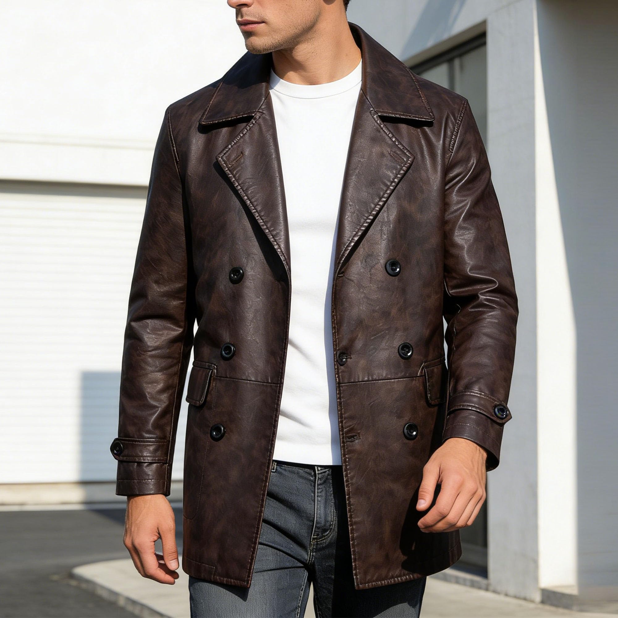 Chaqueta blazer de piel sintética para hombre, con doble botonadura, clásica, deportiva, casual, formal, ajustado, estilo motociclista