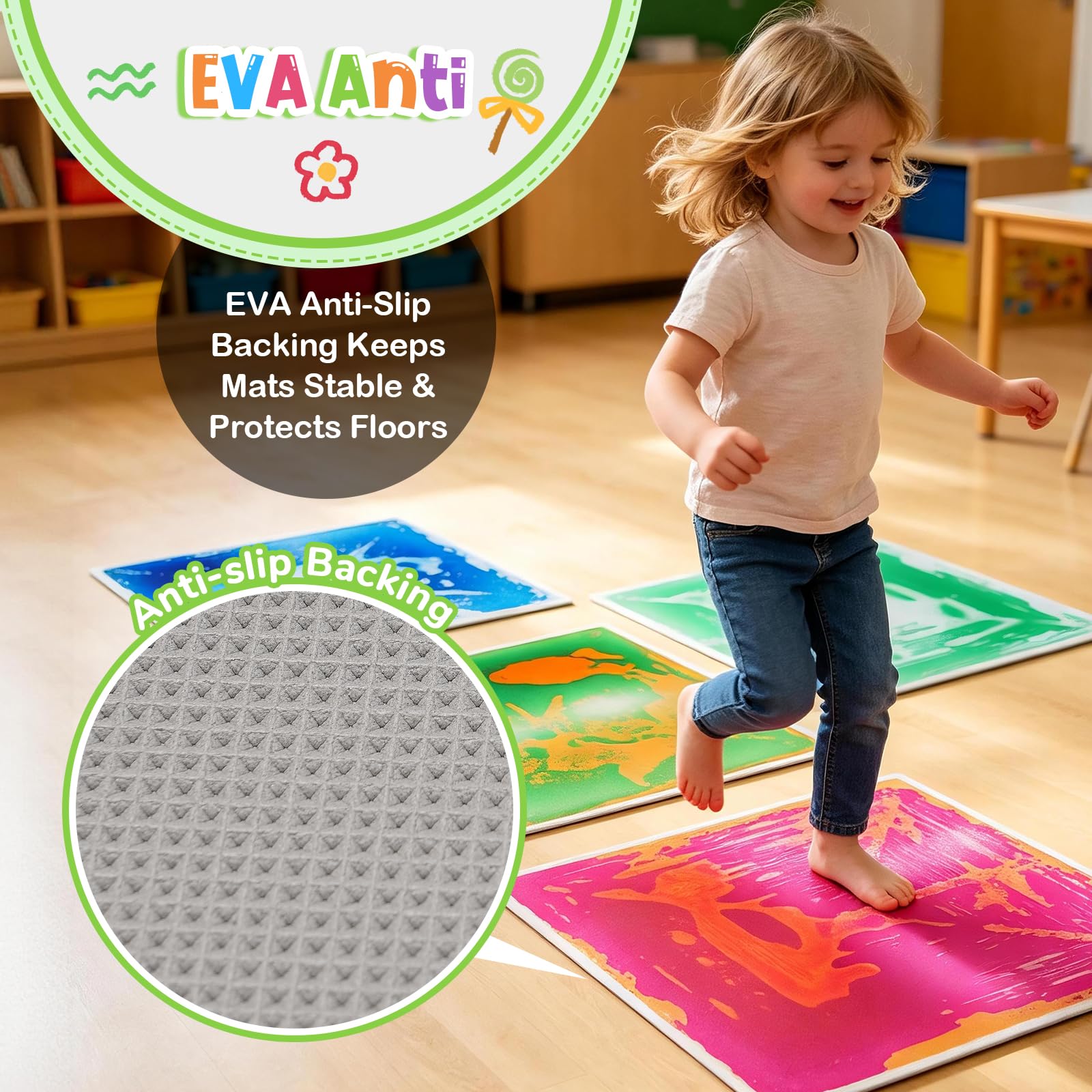 Azulejos sensoriales líquidos grandes para niños, paquete de 4 tapetes sensoriales antideslizantes a prueba de fugas de 20 x 20 pulgadas, certificado CPC, azulejos que cambian de color para niños