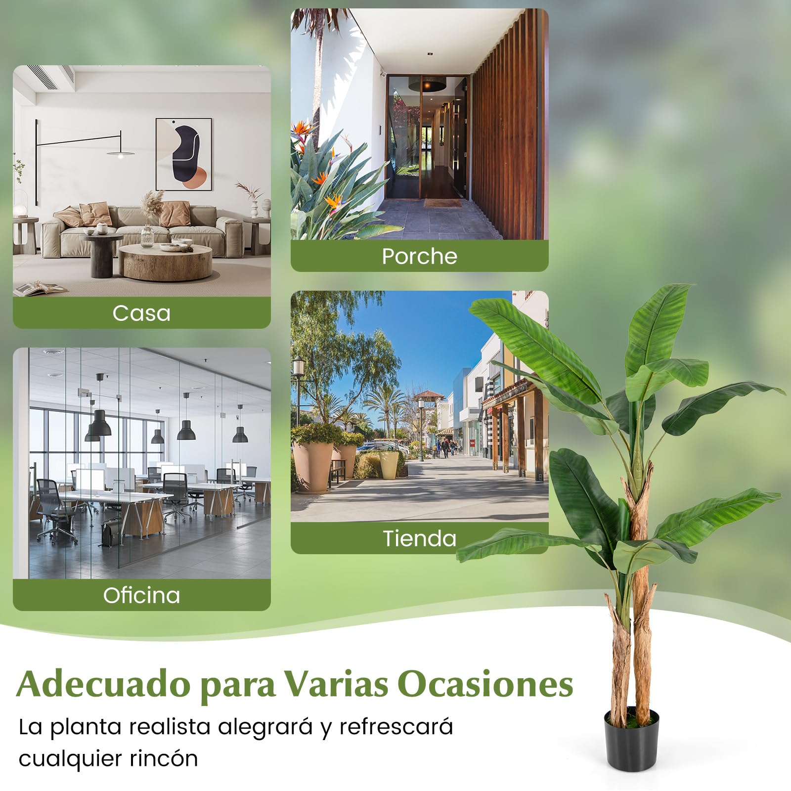 COSTWAY Plátano Artificial, Platanera Artificial con 27 Hojas Grandes y Macetero, Platanera Decorativa para Oficina Terraza Jardín Salón Hogar, Planta Artificial, Verde (165 cm)