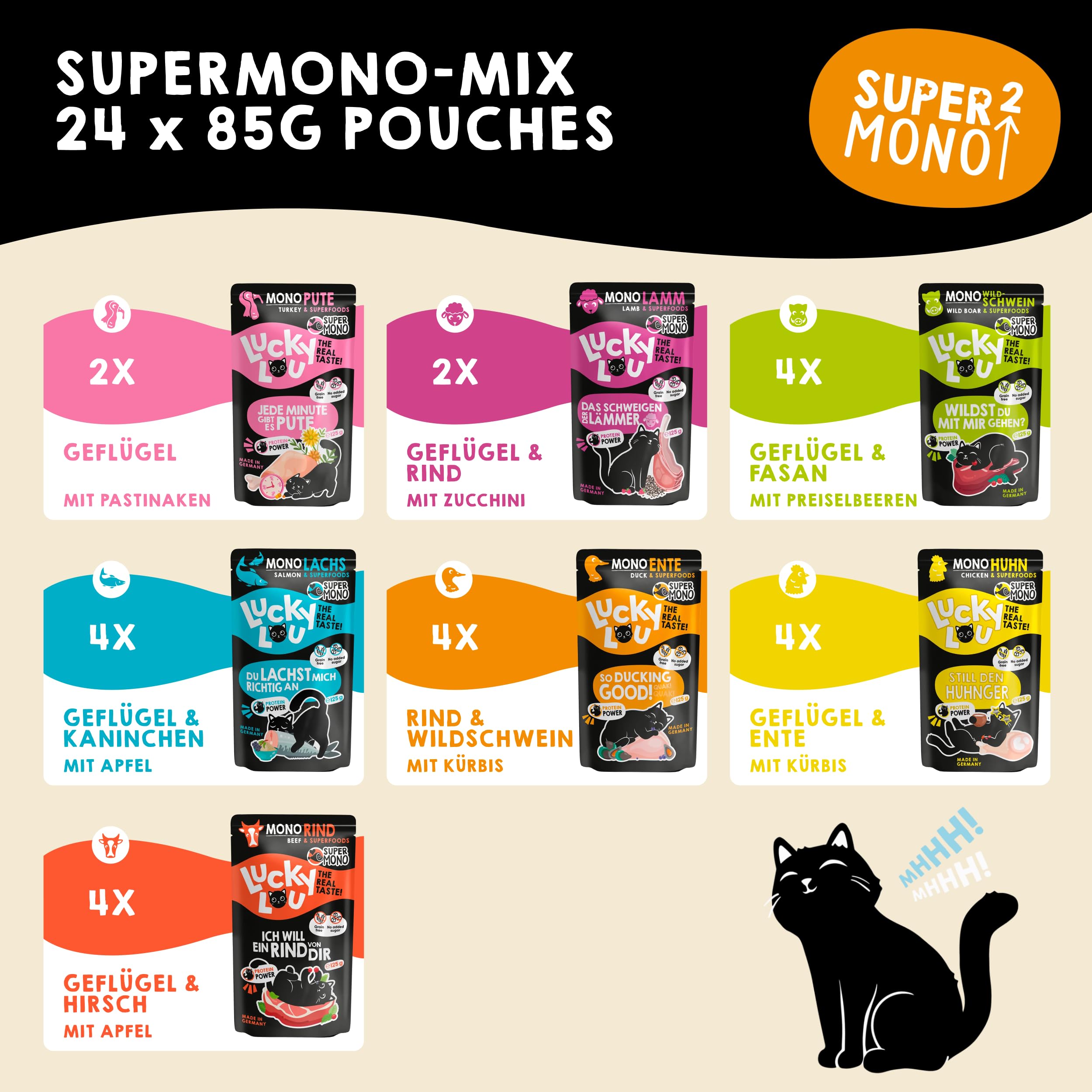 Lucky Lou SuperMono² Mix Katzenfutter nass - hochwertiges Katzenfutter mit viel Protein - Nassfutter getreidefrei & ohne Zucker für ausgewachsene Katzen 125g (24er Pack)
