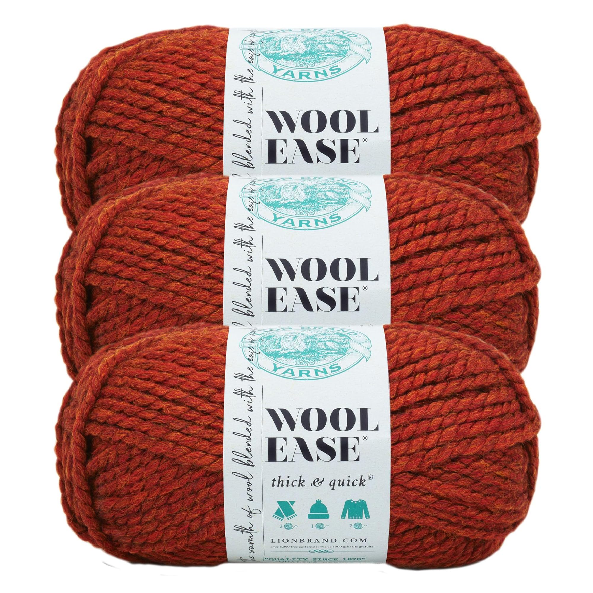 Lion Brand Yarn Wool-Ease Thick &amp; Quick Yarn, Soft and Bulky Yarn for Knitting, Crocheting, and Crafting, 3 Pack, Spice